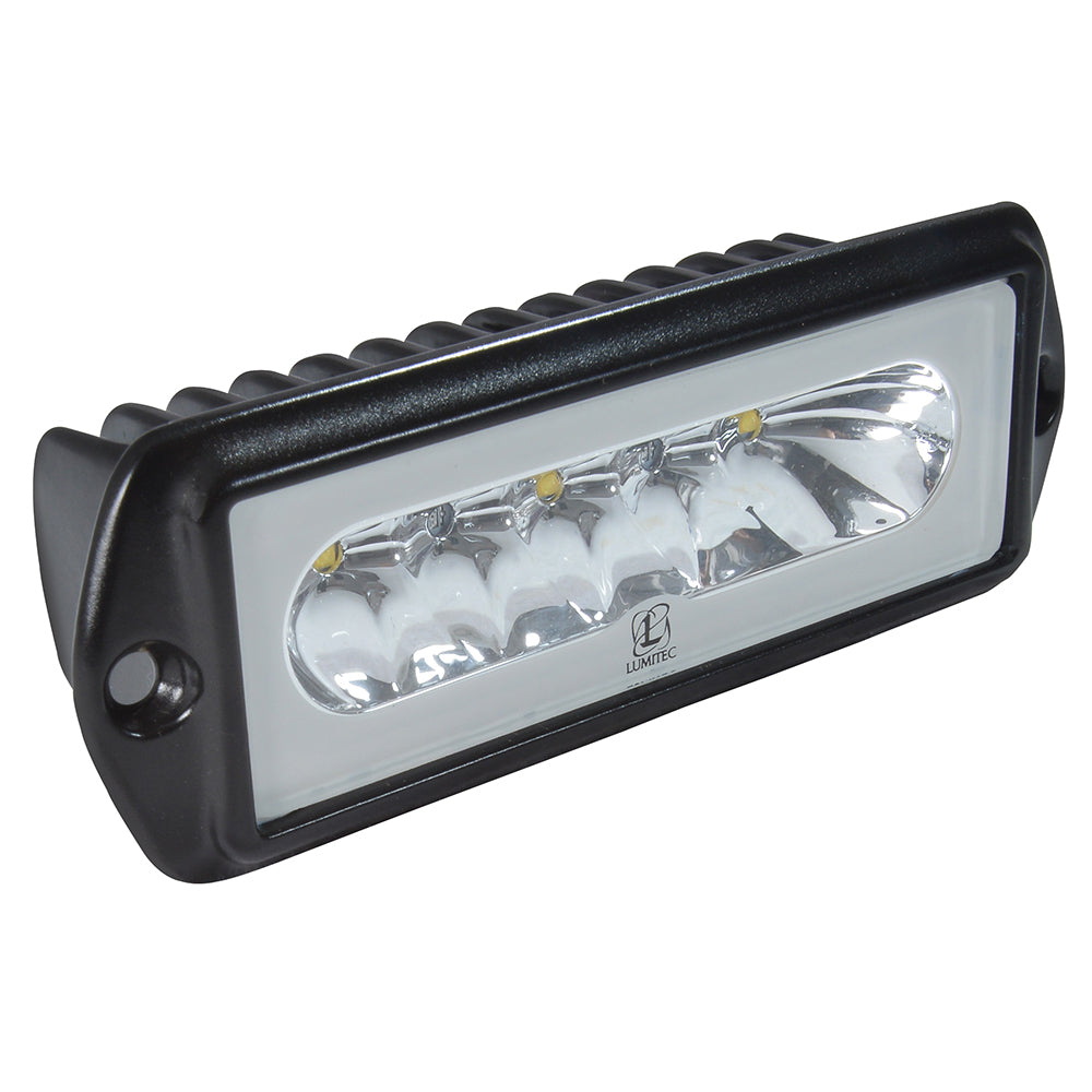 Lumitec Capri2 flush mount LED flood light with black housing, featuring white and blue dimming options for outdoor lighting.