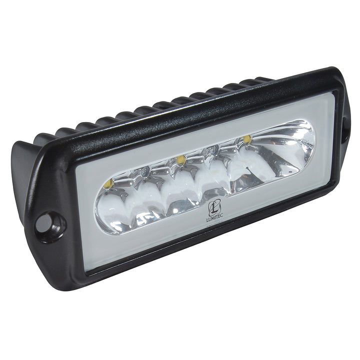 Lumitec Capri2 flush mount LED flood light with black housing, featuring white and blue dimming options for outdoor lighting.