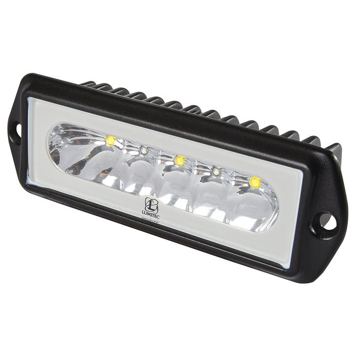 Lumitec Capri2 flush mount LED flood light with black housing, 2-color white/blue dimming, designed for outdoor illumination.