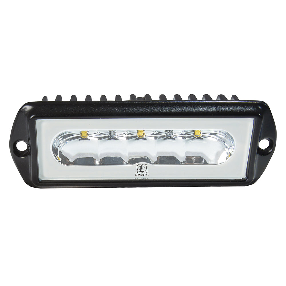 Lumitec Capri2 flush mount LED flood light with black housing, 2-color white/blue dimming, for outdoor or marine lighting.