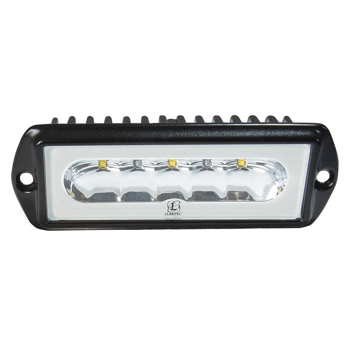 Lumitec Capri2 flush mount LED flood light with black housing, 2-color white/blue dimming, for outdoor or marine lighting.