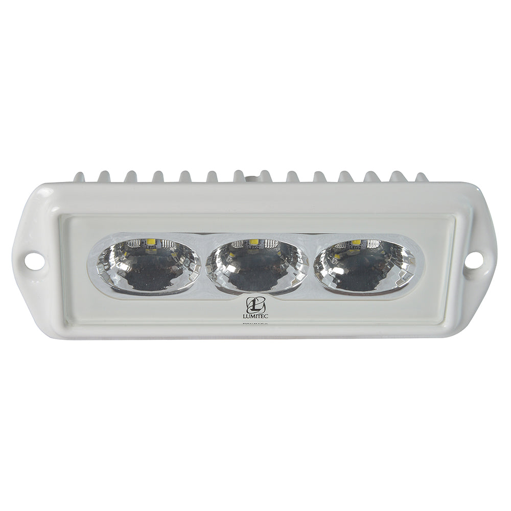 Lumitec CapriLT LED flood light in white finish, non-dimming spreader light for outdoor illumination, mounted on a surface.