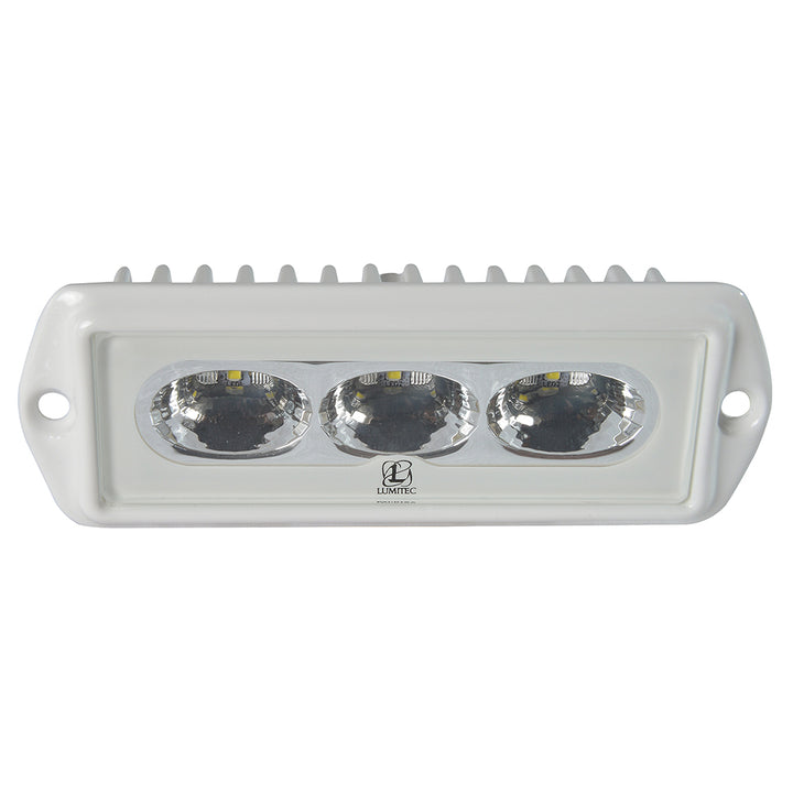 Lumitec CapriLT LED flood light in white finish, non-dimming spreader light for outdoor illumination, mounted on a surface.