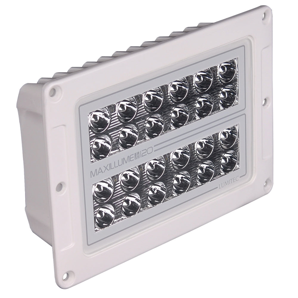 Lumitec Maxillume H120 flush mount flood light with white housing and dimming feature, designed for durable outdoor lighting.