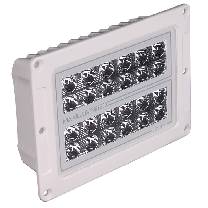 Lumitec Maxillume H120 flush mount flood light with white housing and dimming feature, designed for durable outdoor lighting.