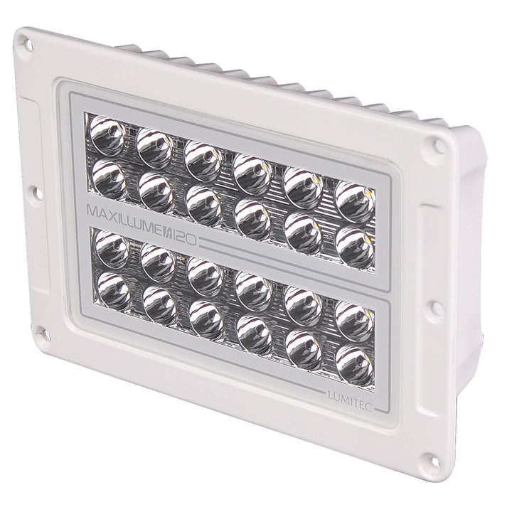 Lumitec Maxillume H120 flush mount flood light with white housing and dimming feature, designed for outdoor illumination.