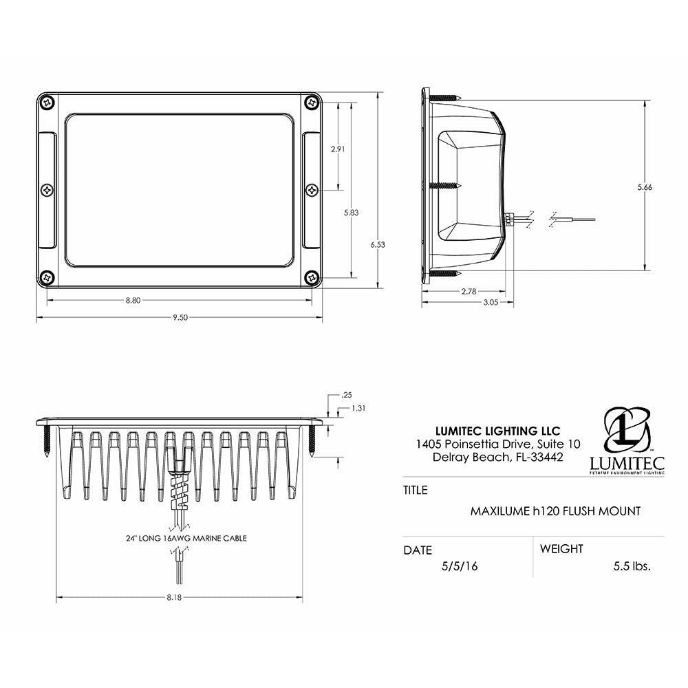 Lumitec Maxillume H120 flush mount flood light with white housing and dimming feature, designed for outdoor illumination.