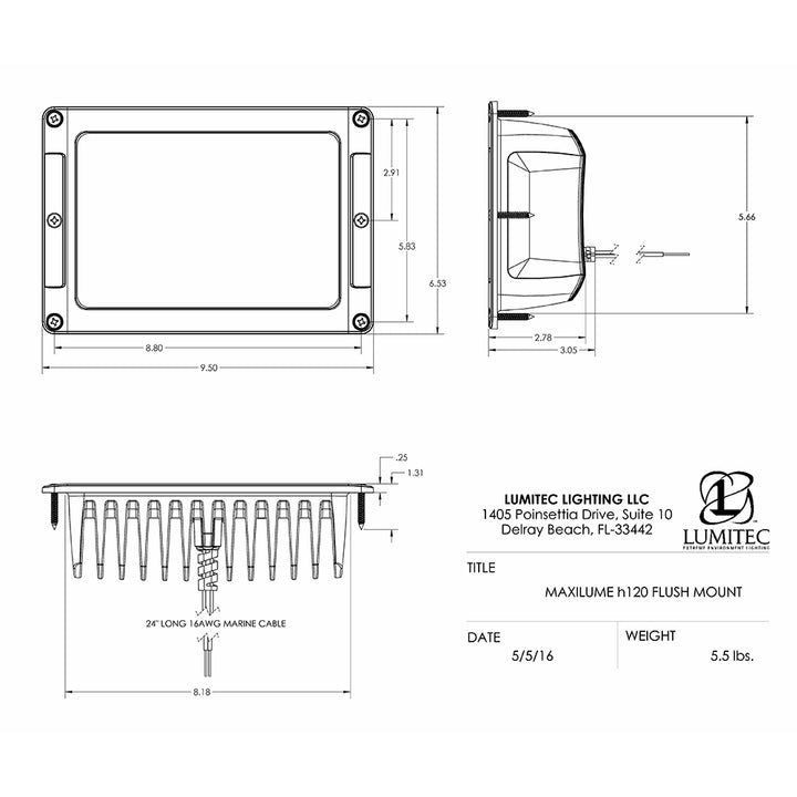 Lumitec Maxillume H120 flush mount flood light with white housing and dimming feature, designed for outdoor illumination.
