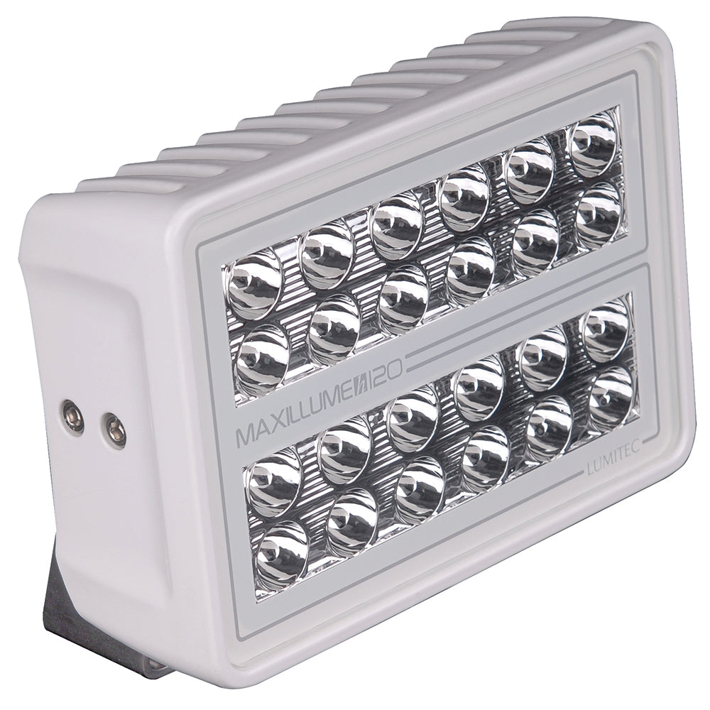 Lumitec Maxillume H120 trunnion mount flood light with white housing and dimming feature, designed for outdoor illumination.
