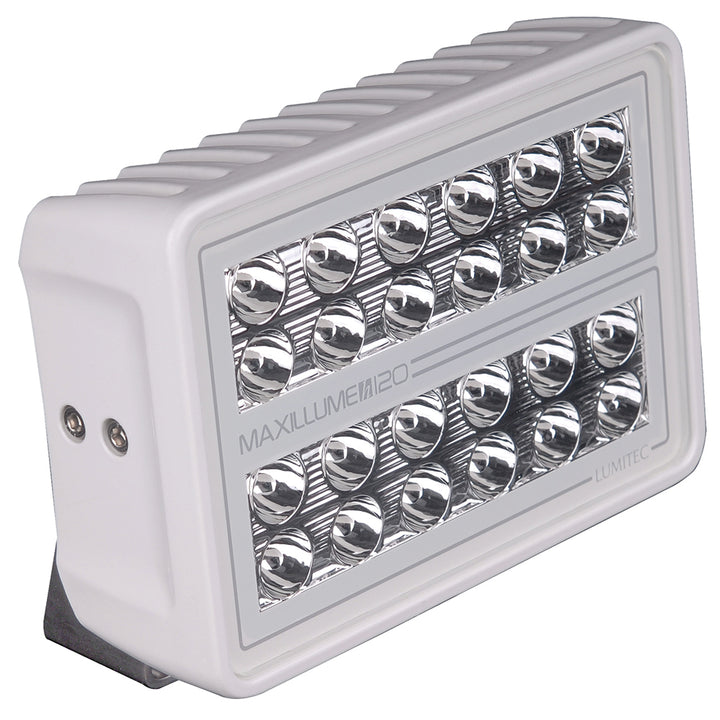 Lumitec Maxillume H120 trunnion mount flood light with white housing and dimming feature, designed for outdoor illumination.