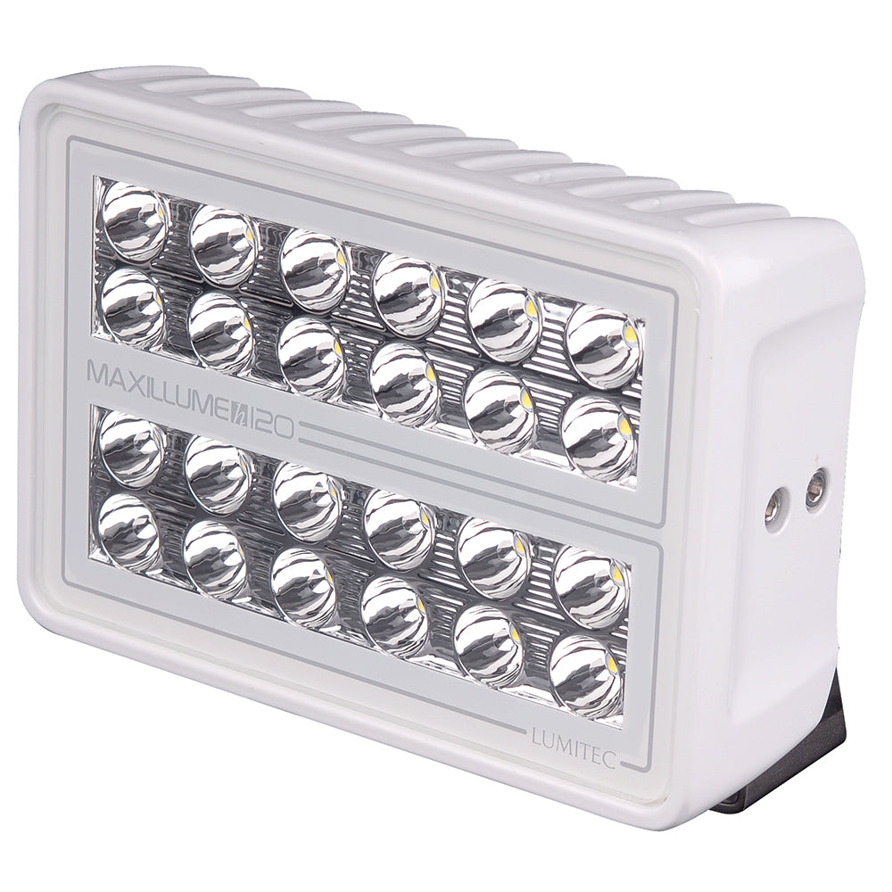 Lumitec Maxillume H120 trunnion mount flood light with white housing and dimming feature, designed for outdoor illumination.