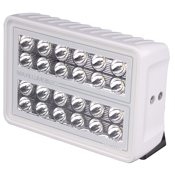 Lumitec Maxillume H120 trunnion mount flood light with white housing and dimming feature, designed for outdoor illumination.