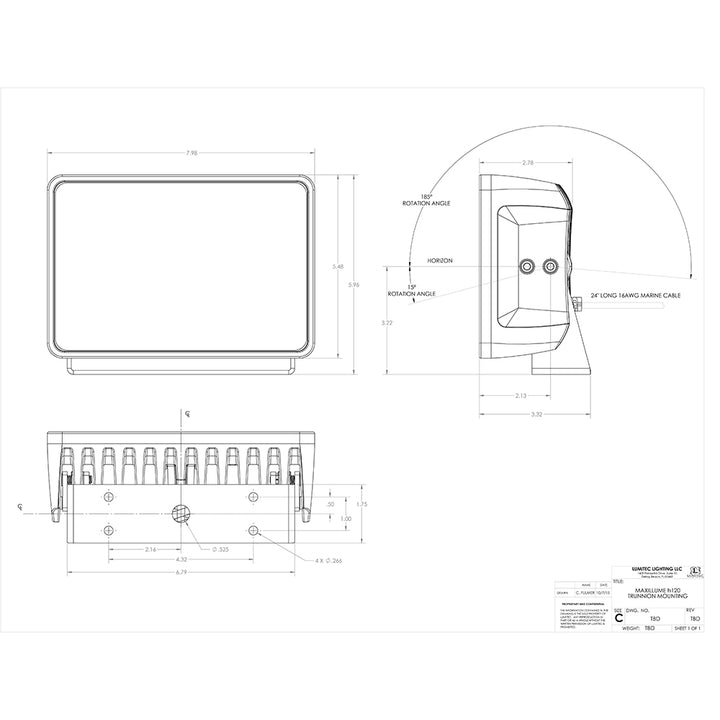 Lumitec Maxillume H120 Trunnion Mount Flood Light with white housing and dimming feature, designed for outdoor illumination.
