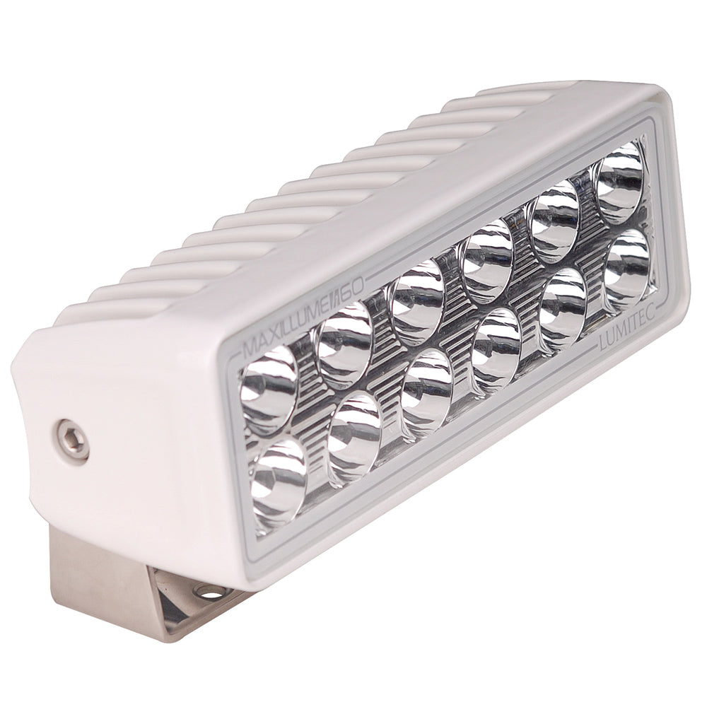 Lumitec Maxillume H60 flood light with white housing, trunnion mount, dimming feature, suitable for spreader or flood lighting.
