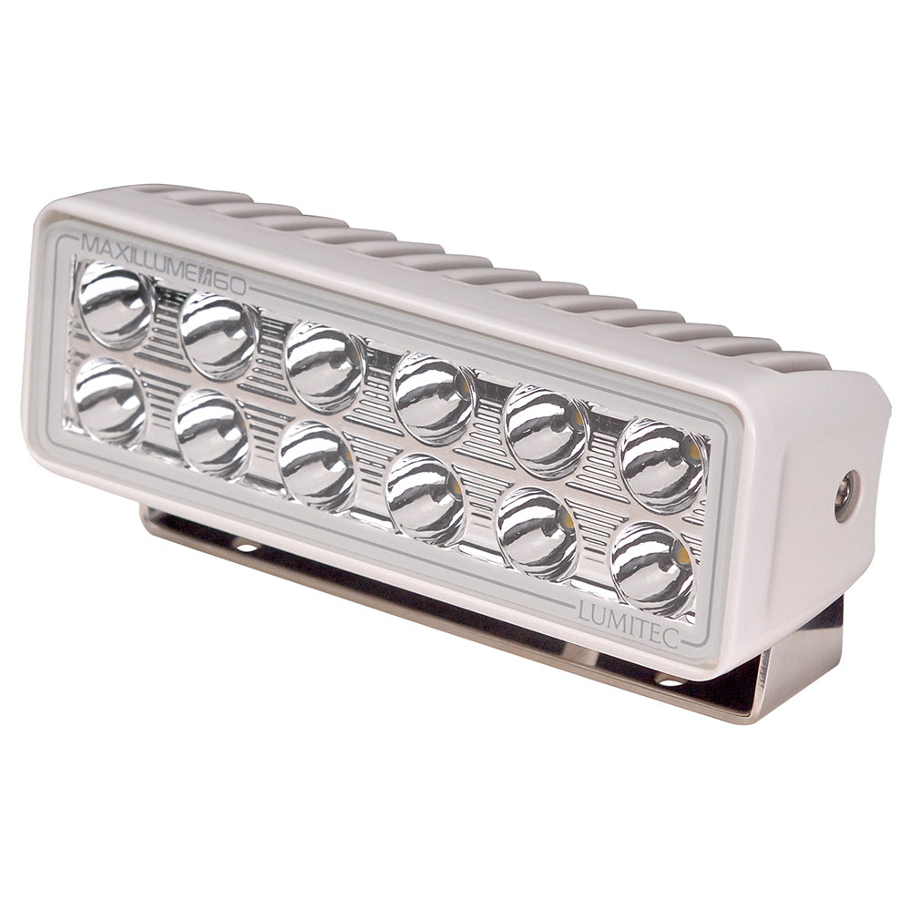 Lumitec Maxillume H60 trunnion mount flood light with white housing, dimmable LED spreader light for marine and outdoor use.