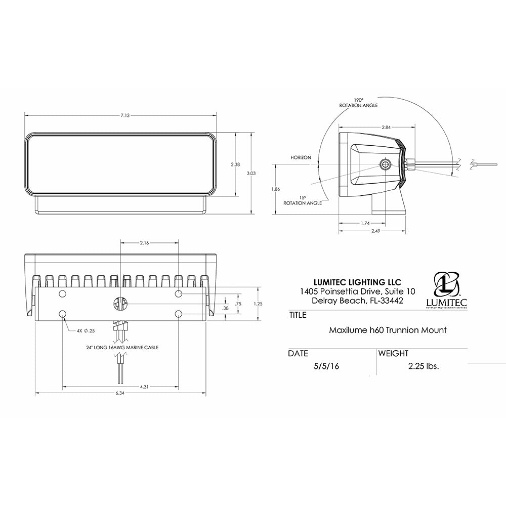 Lumitec Maxillume H60 trunnion mount flood light with white housing, dimmable white LED spreader light for outdoor illumination.