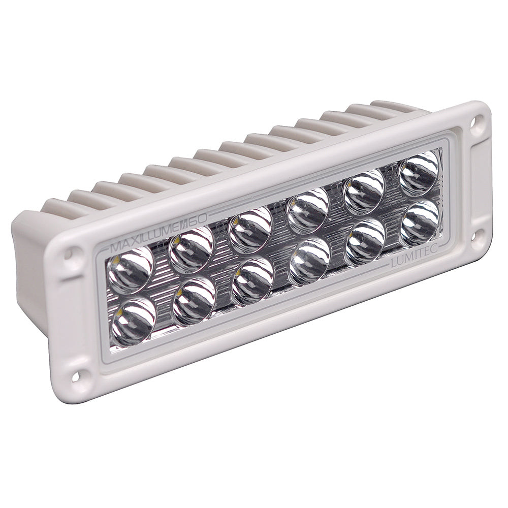 Lumitec Maxillumeh60 flush mount flood light with white housing and dimming feature, designed for outdoor illumination.