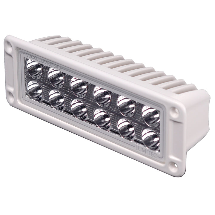 Lumitec Maxillumeh60 flush mount flood light with white housing and dimming feature, designed for outdoor illumination.