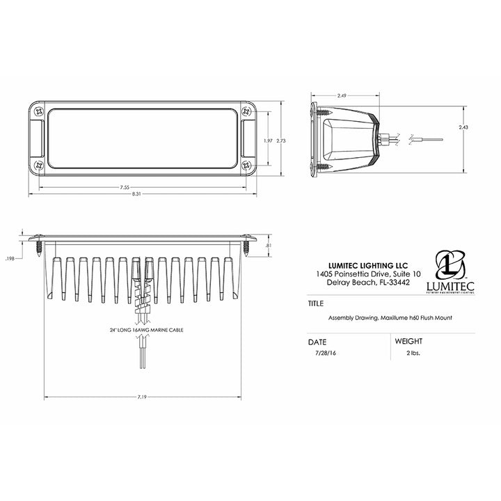 Lumitec Maxillumeh60 flush mount flood light with white housing and dimming feature, designed for durable outdoor illumination.
