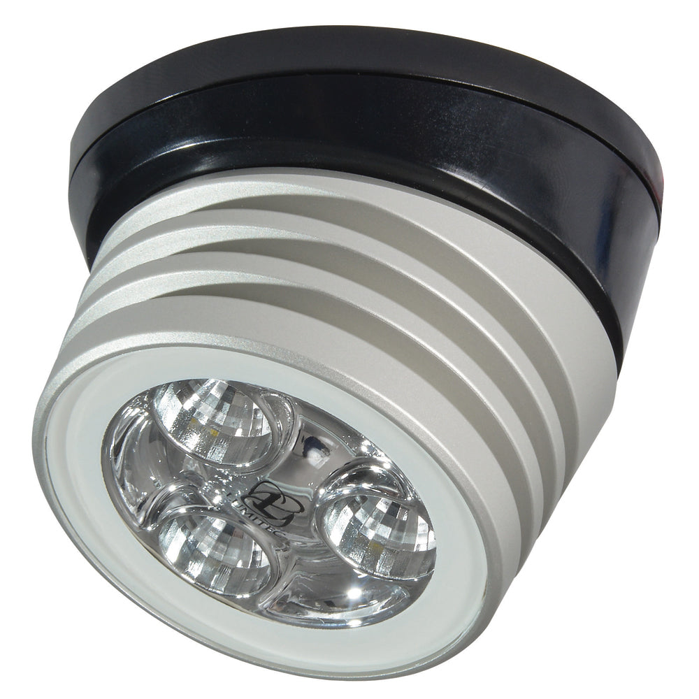 Lumitec Zephyr LED spreader/deck light with brushed black base and white non-dimming lens, designed for marine or outdoor use.