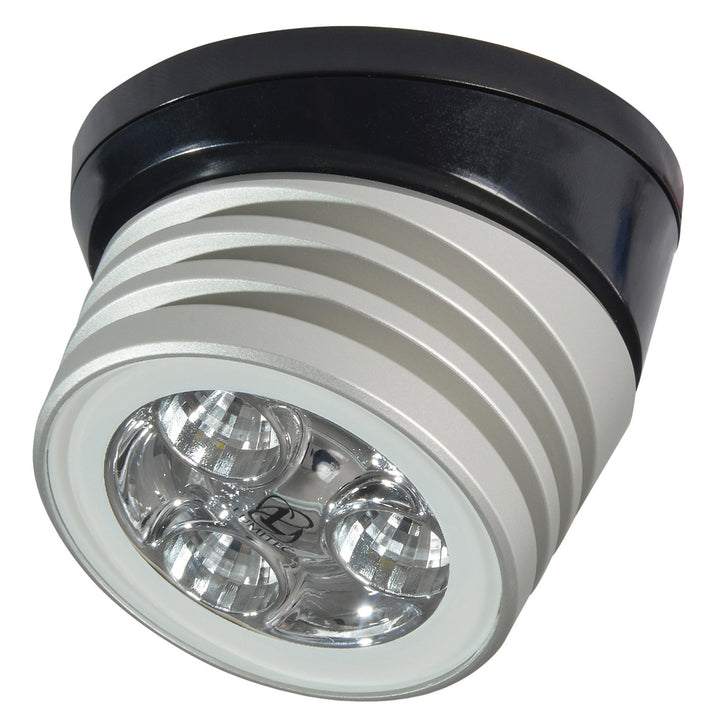 Lumitec Zephyr LED spreader/deck light with brushed black base and white non-dimming lens, designed for marine or outdoor use.