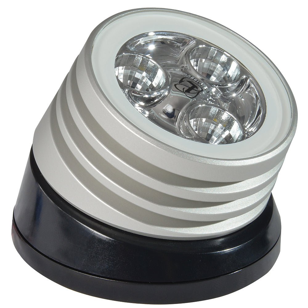 Lumitec Zephyr LED spreader/deck light with brushed black base and white non-dimming lens, designed for marine or outdoor use.