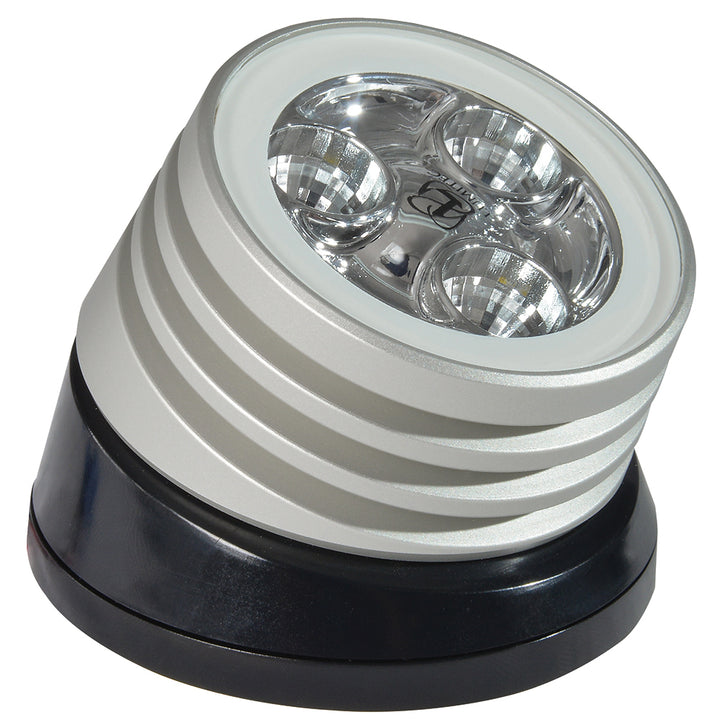 Lumitec Zephyr LED spreader/deck light with brushed black base and white non-dimming lens, designed for marine or outdoor use.