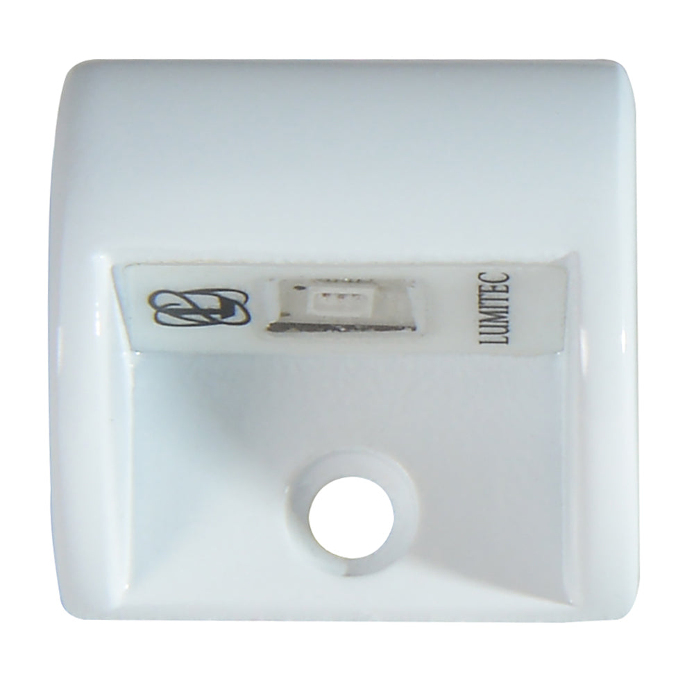 Lumitec Andros courtesy light with white powder coat finish and blue non-dimming interior light, shown installed in a boat interior.