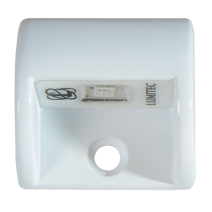 Lumitec Andros courtesy light with white powder coat finish and blue non-dimming interior light, shown installed in a boat interior.