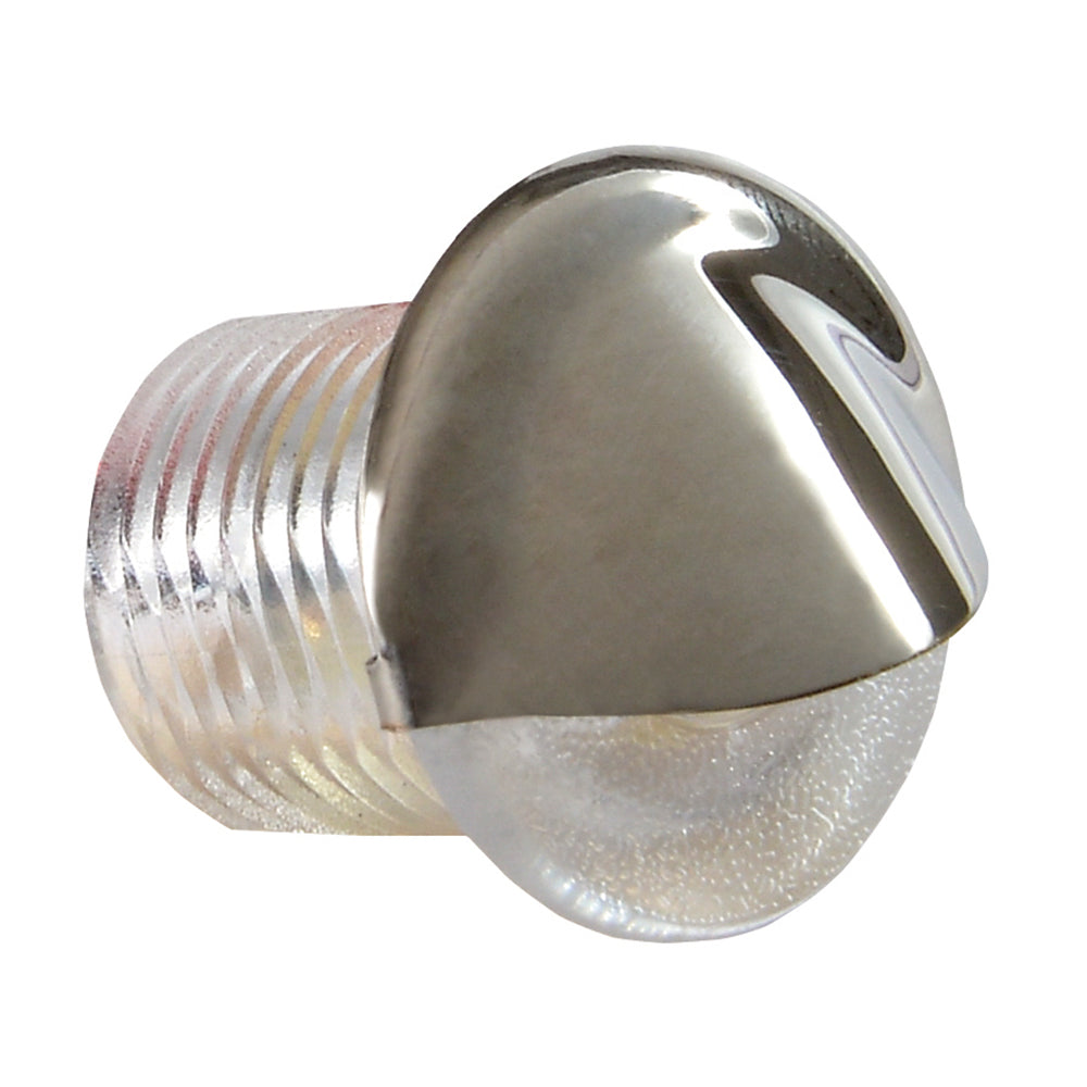 Lumitec Aruba courtesy light in polished stainless steel finish with blue non-dimming interior lighting.