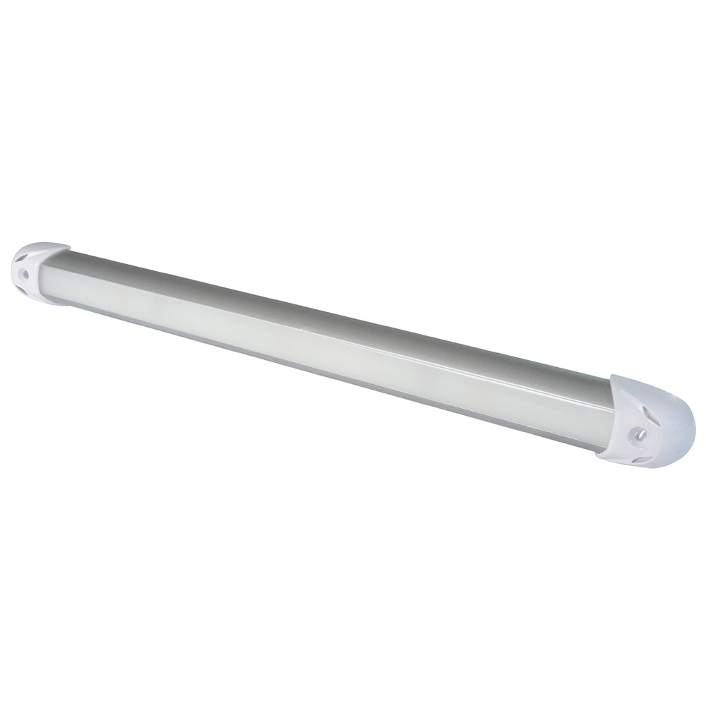 Lumitec Rail2 12-inch interior courtesy light in warm white with dimming feature, mounted on a vehicle interior surface.