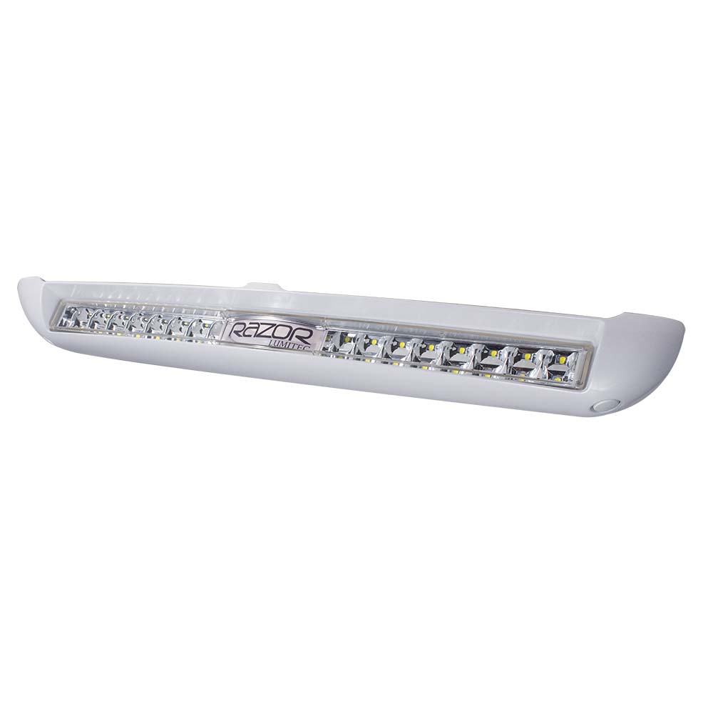 Lumitec Razor Light Bar Flood with white housing and inverted logo, flush mount design for versatile off-road or marine lighting.