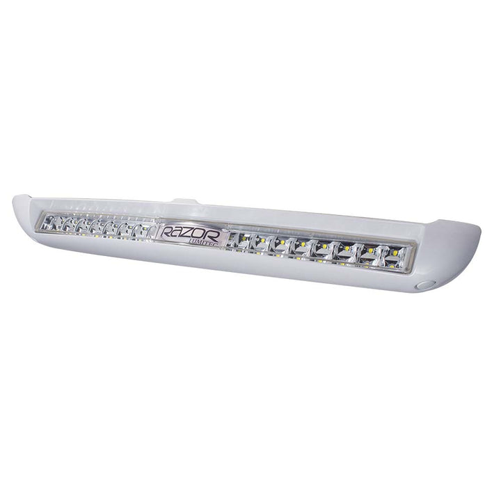 Lumitec Razor Light Bar Flood with white housing and inverted logo, flush mount design for versatile off-road or marine lighting.