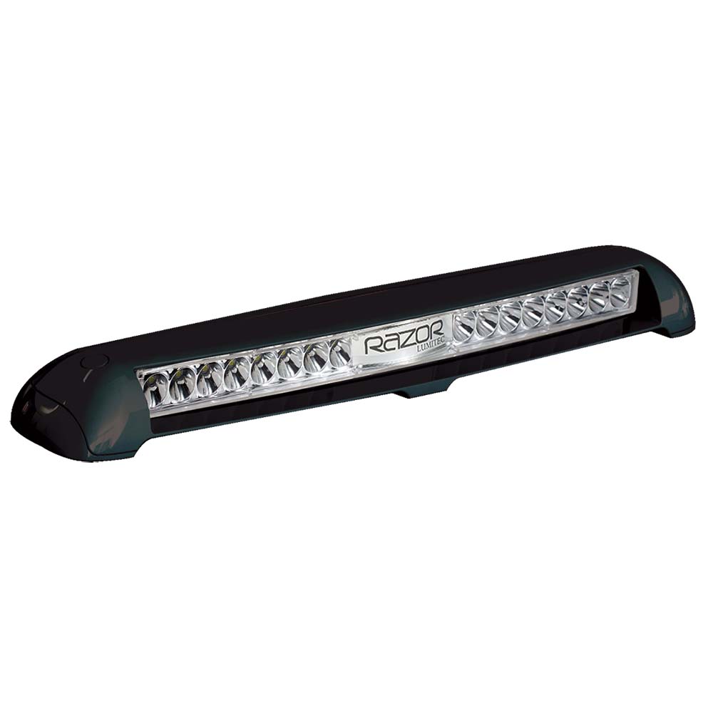 Lumitec Razor Light Bar in black housing with flush mount, featuring spot beam pattern for off-road or vehicle lighting.