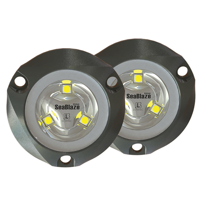 Pair of Lumitec SeaBlaze Mini underwater lights in brushed finish, white non-dimming LED lighting for marine boats.