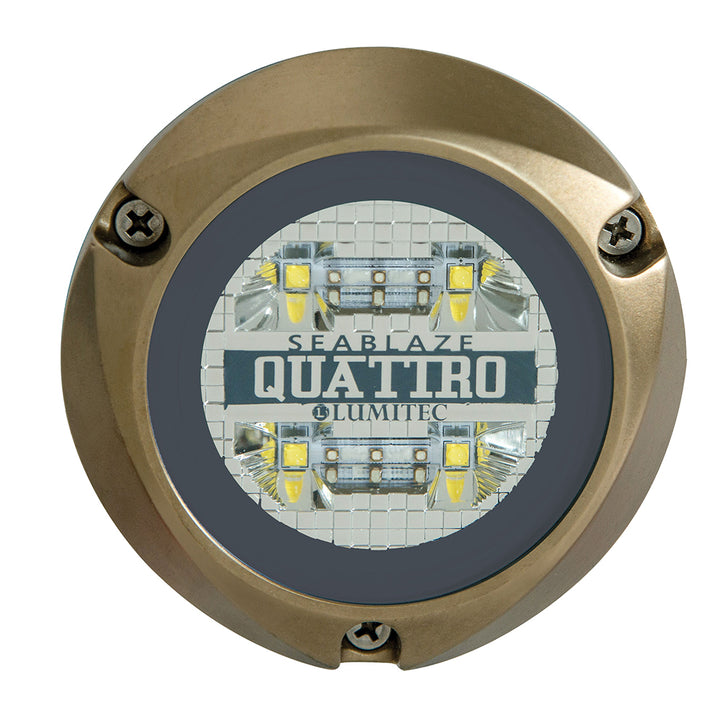 Lumitec SeaBlaze Quattro LED underwater light displaying white and blue dual-color lighting for marine applications.