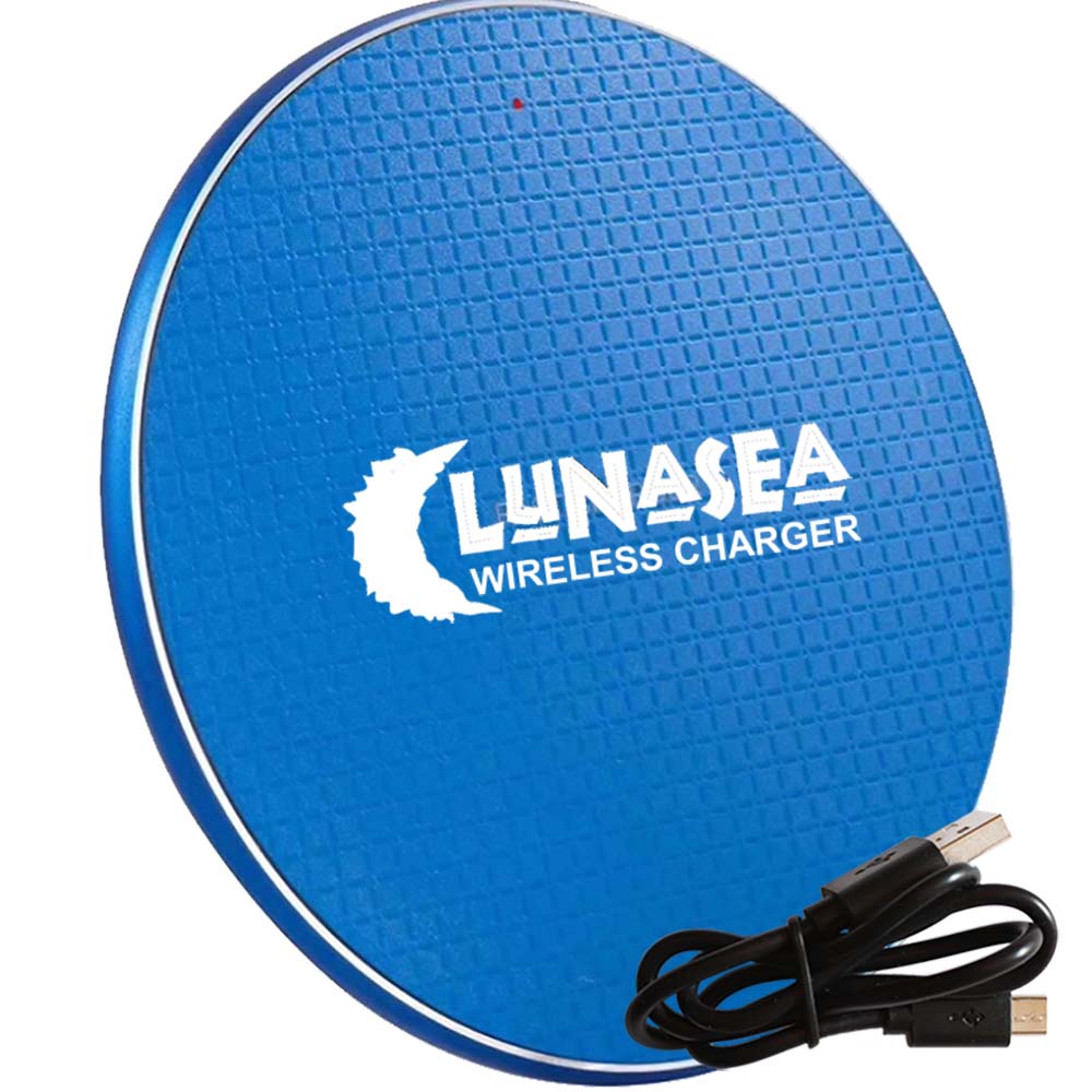 Lunasea Lighting LunaSafe 10W Qi wireless charging pad USB powered, with sleek design and LED indicator, power supply not included.