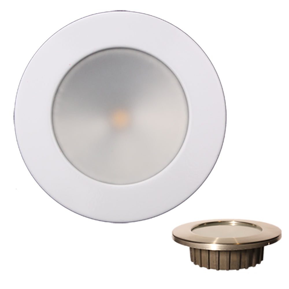 Lunasea Lighting Gen3 Warm White RGBW recessed courtesy light with white stainless steel bezel, 12VDC, IP65 waterproof indoor lighting.