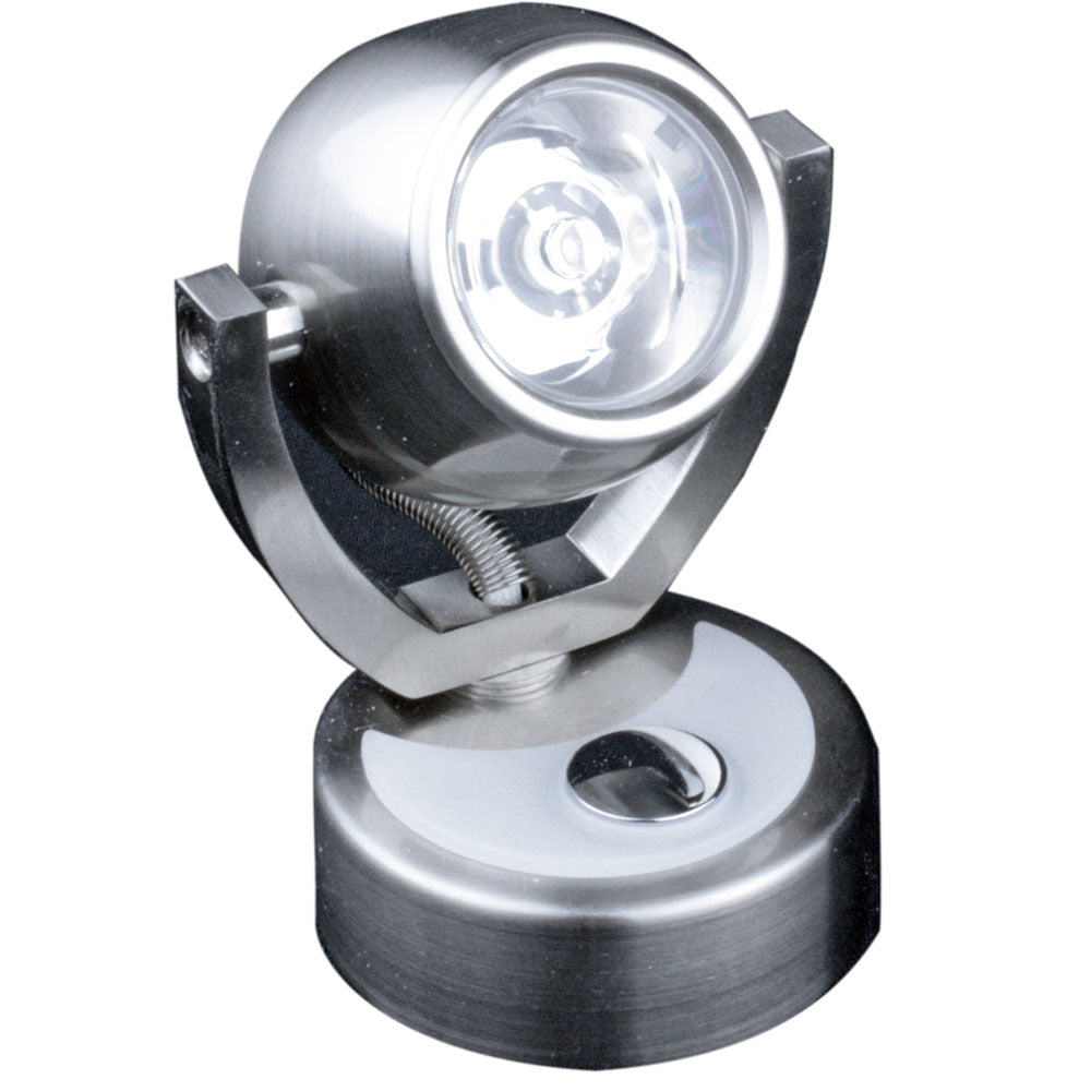Lunasea Lighting wall mount LED courtesy light with touch dimming, warm white, brushed nickel finish, and rotating light feature.