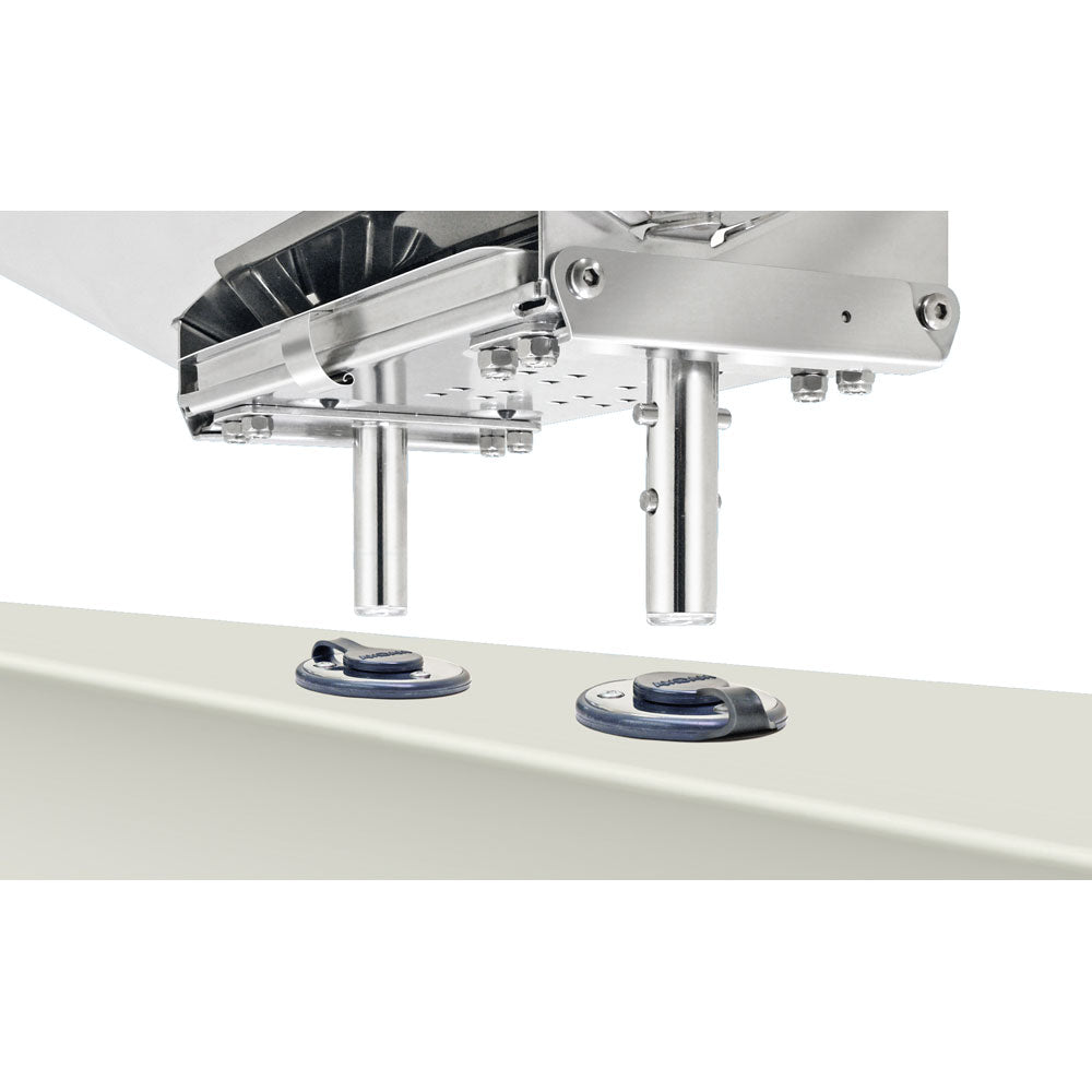 Magma Dual Locking Flush Deck Socket Mount for boat galleys, stainless steel deck mount with locking mechanism.
