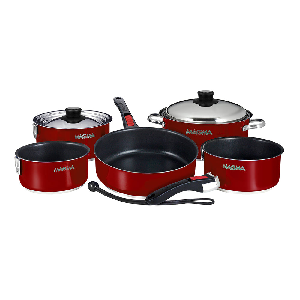 Magma 10-piece nestable cookware set with induction-compatible non-stick enamel finish in Magma Red, featuring pots and pans for kitchen use.