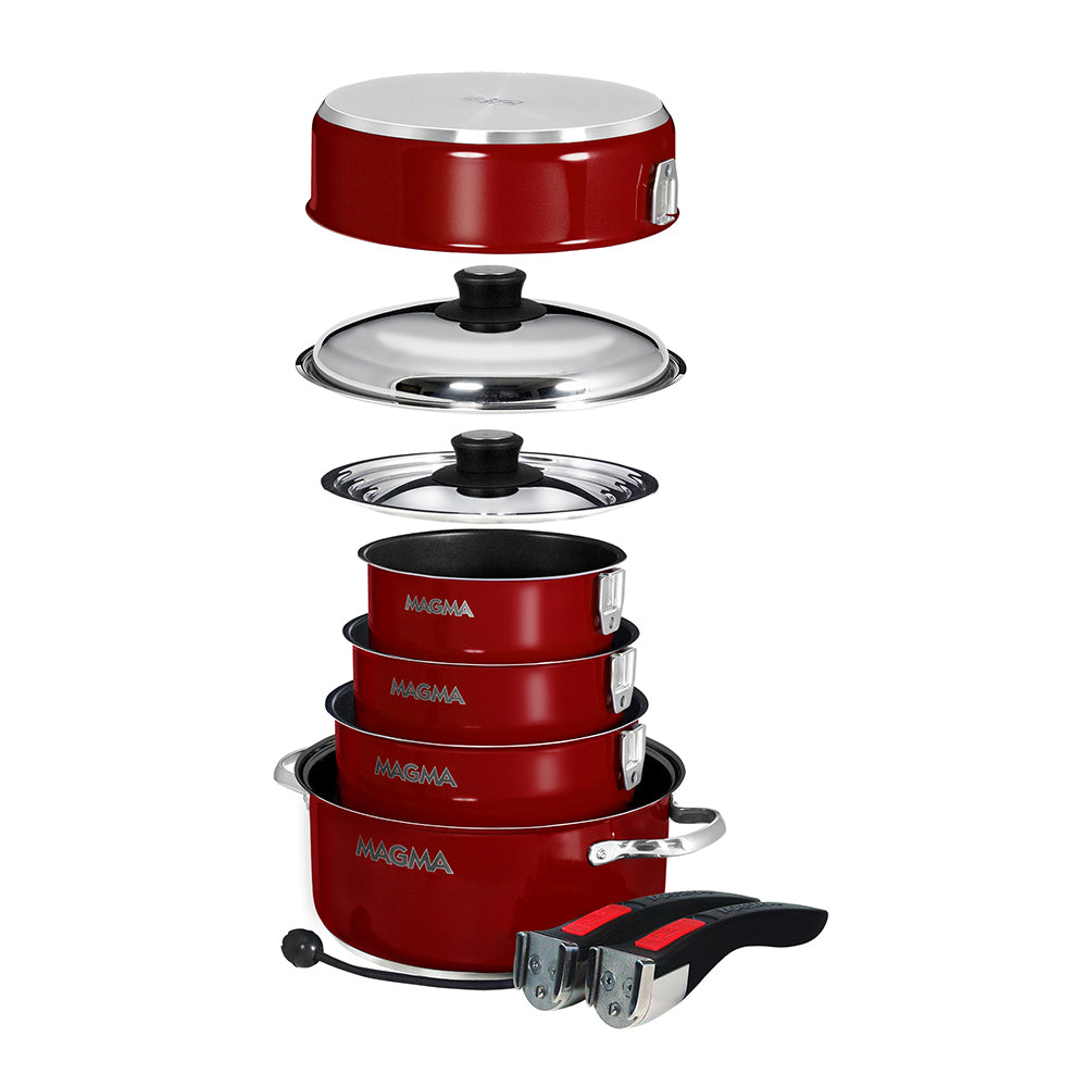 Magma 10-piece nestable cookware set with induction-compatible non-stick enamel finish in Magma Red, shown stacked together.