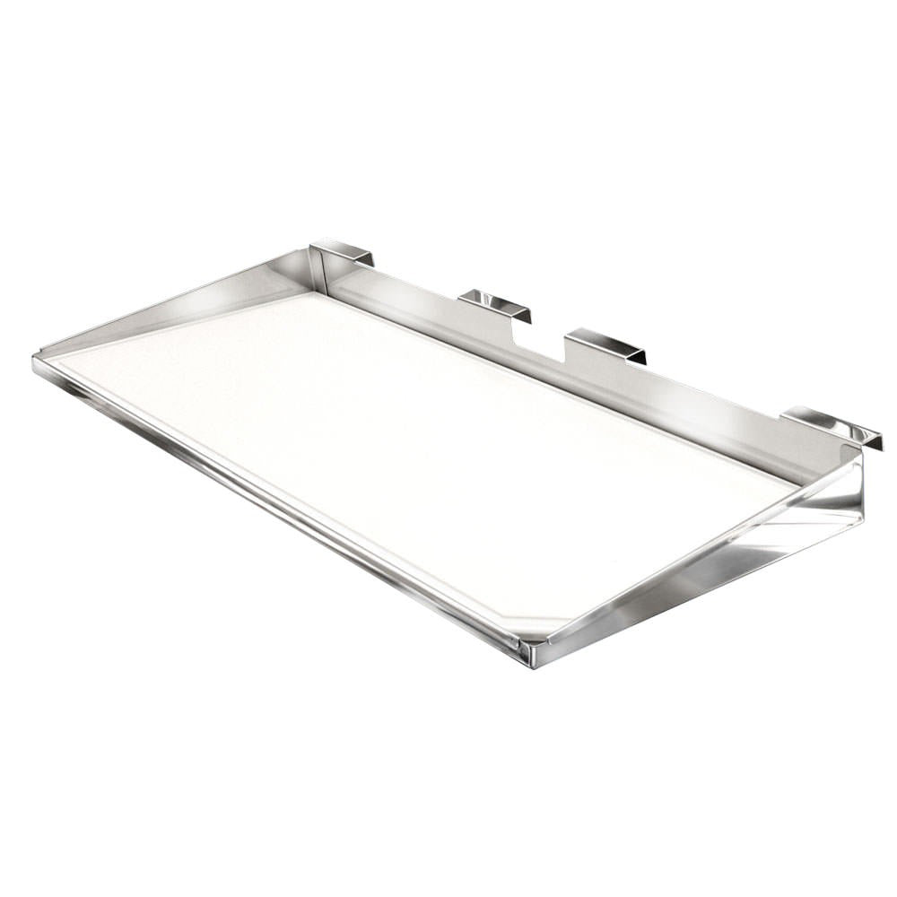 Magma deck galley serving shelf with removable cutting board for 9x12 inch grills, durable stainless steel construction.