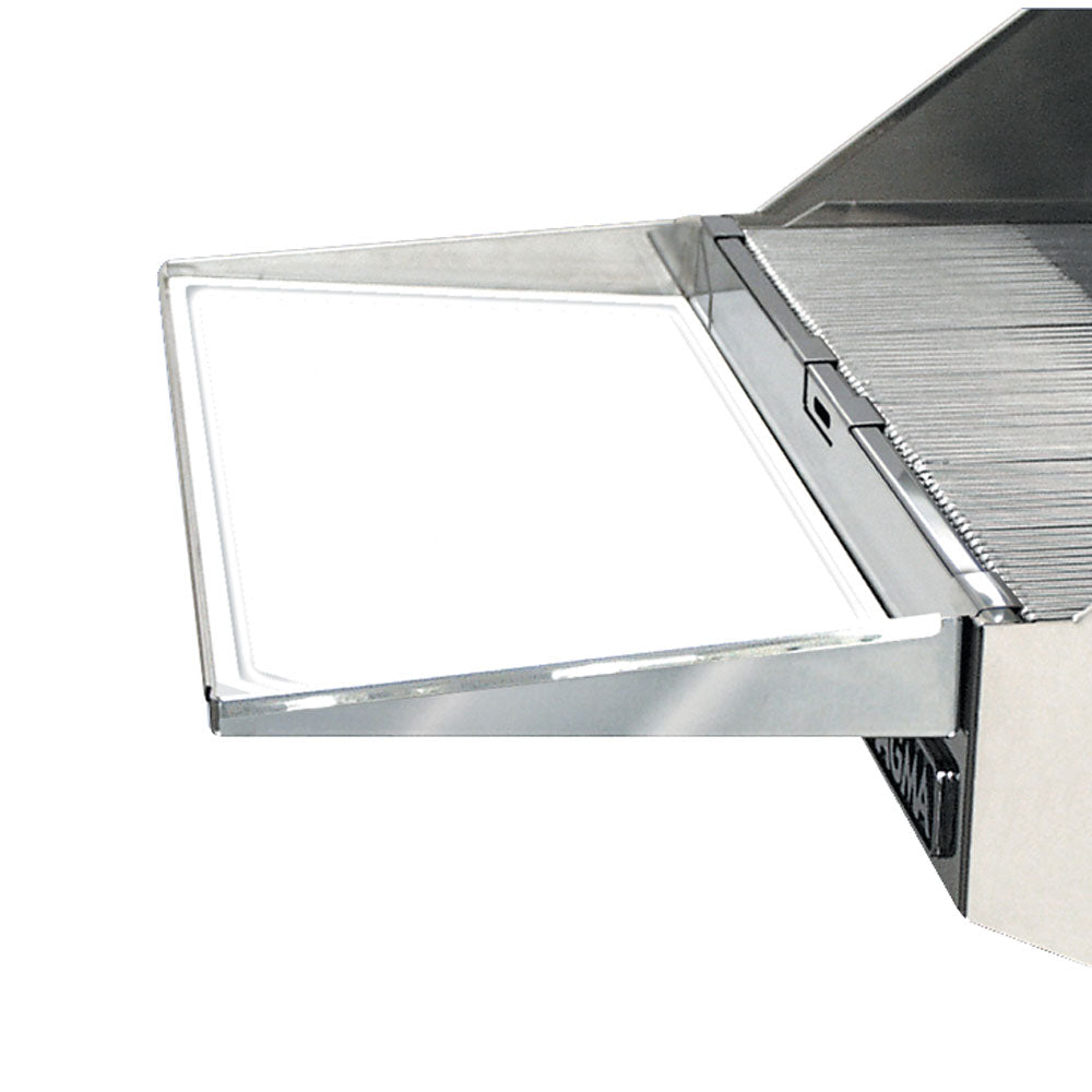 Magma deck galley serving shelf with removable cutting board for 9" x 18" grills, stainless steel construction.