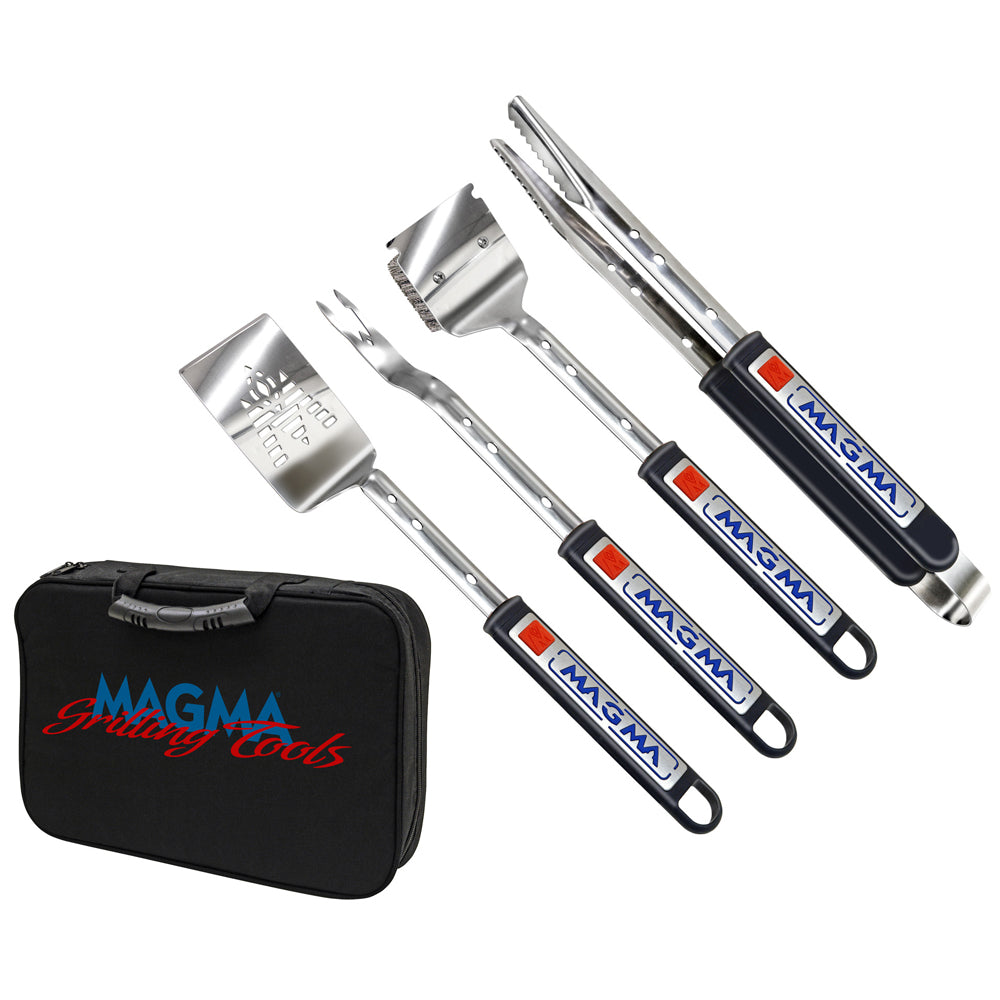 Magma 5-piece telescoping grill tool set for deck and galley cooking, including tongs, spatula, fork, basting brush, and storage case.