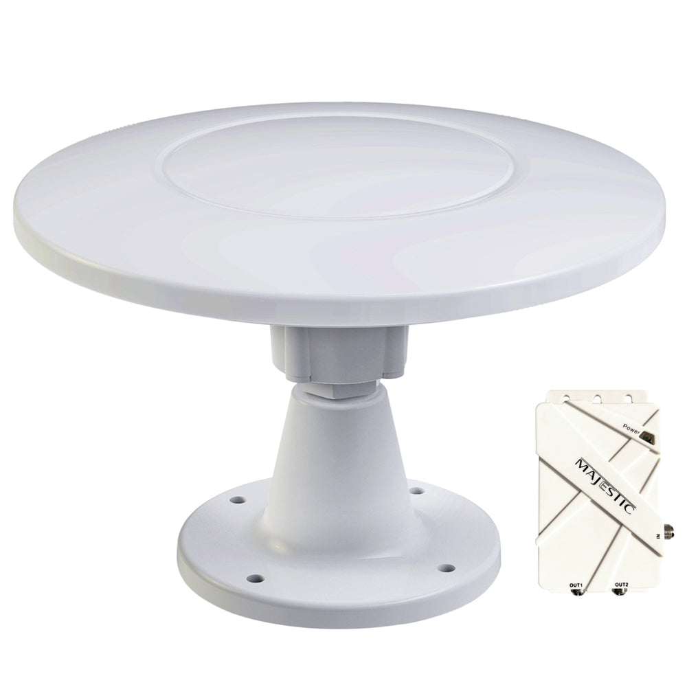 Majestic UFO X Ultra High Gain 30dB digital TV antenna for over-the-air reception, 12V power, black compact design.