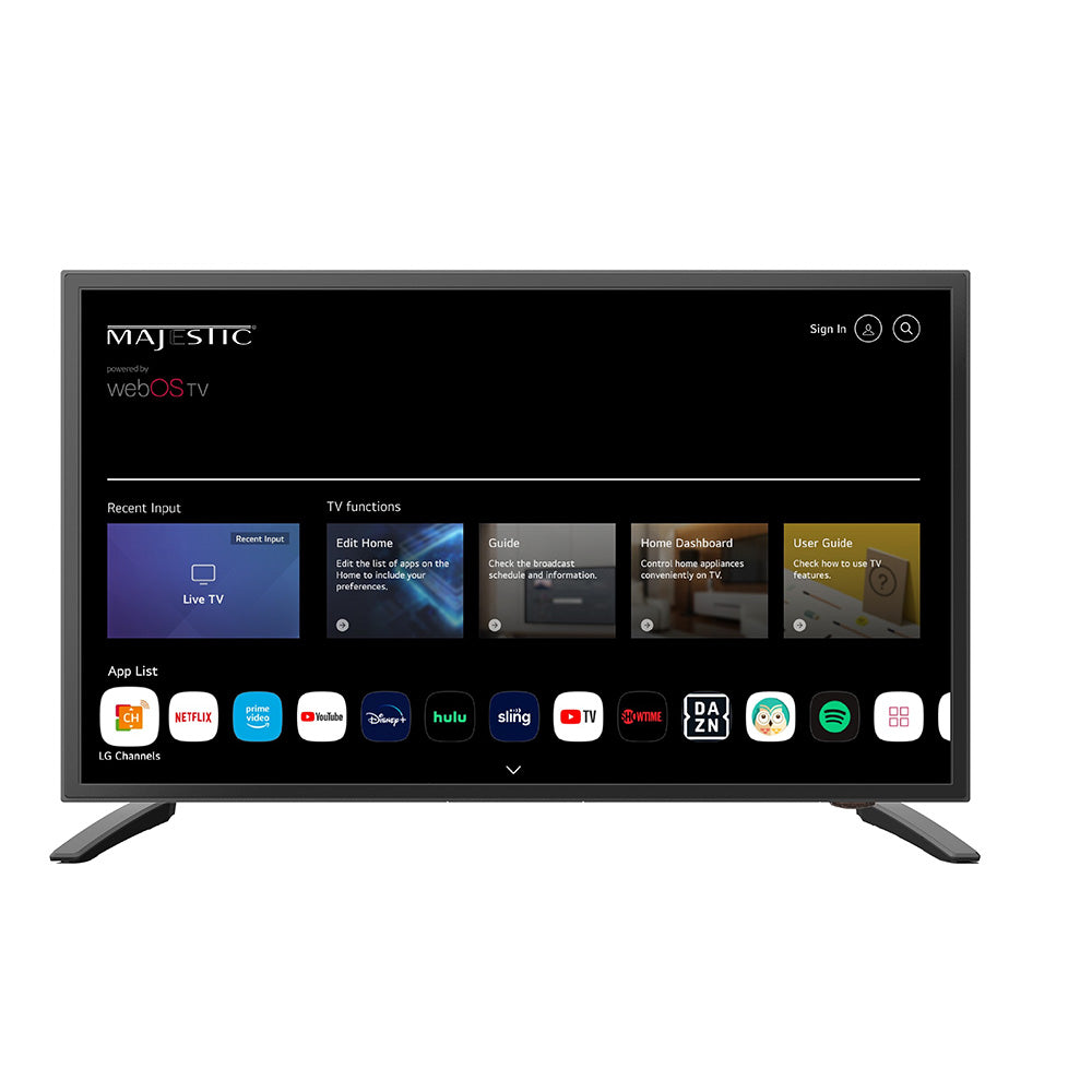 Majestic 19-inch 12V Smart LED TV with WebOS, Mirror Cast, and Bluetooth, designed for North America use.