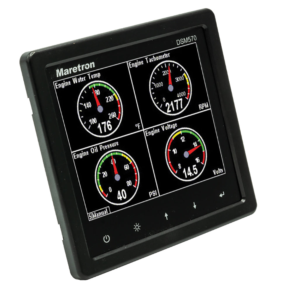 Maretron DSM570 5.7-inch high-resolution color display instrument with black enclosure, showing detailed navigation and system data.
