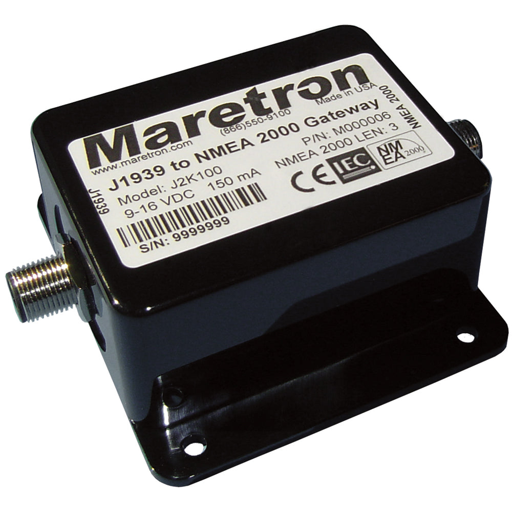 Maretron J2K100 NMEA 2000 / J1939 Bridge connecting marine NMEA cables and sensors, displaying the device and cable connections.