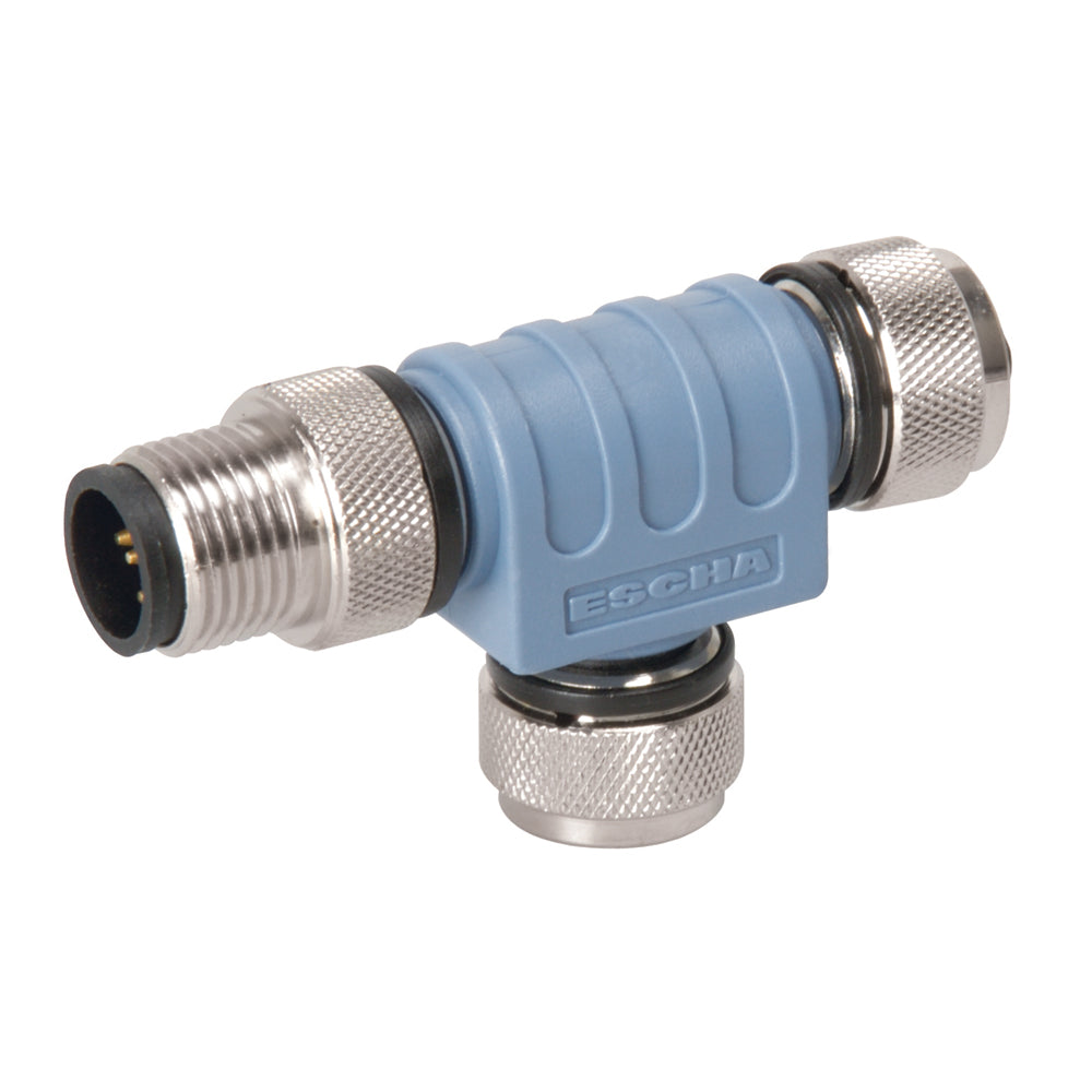 Maretron Micro Tee NMEA cable connector for marine sensor systems, shown with connected cables and port details.